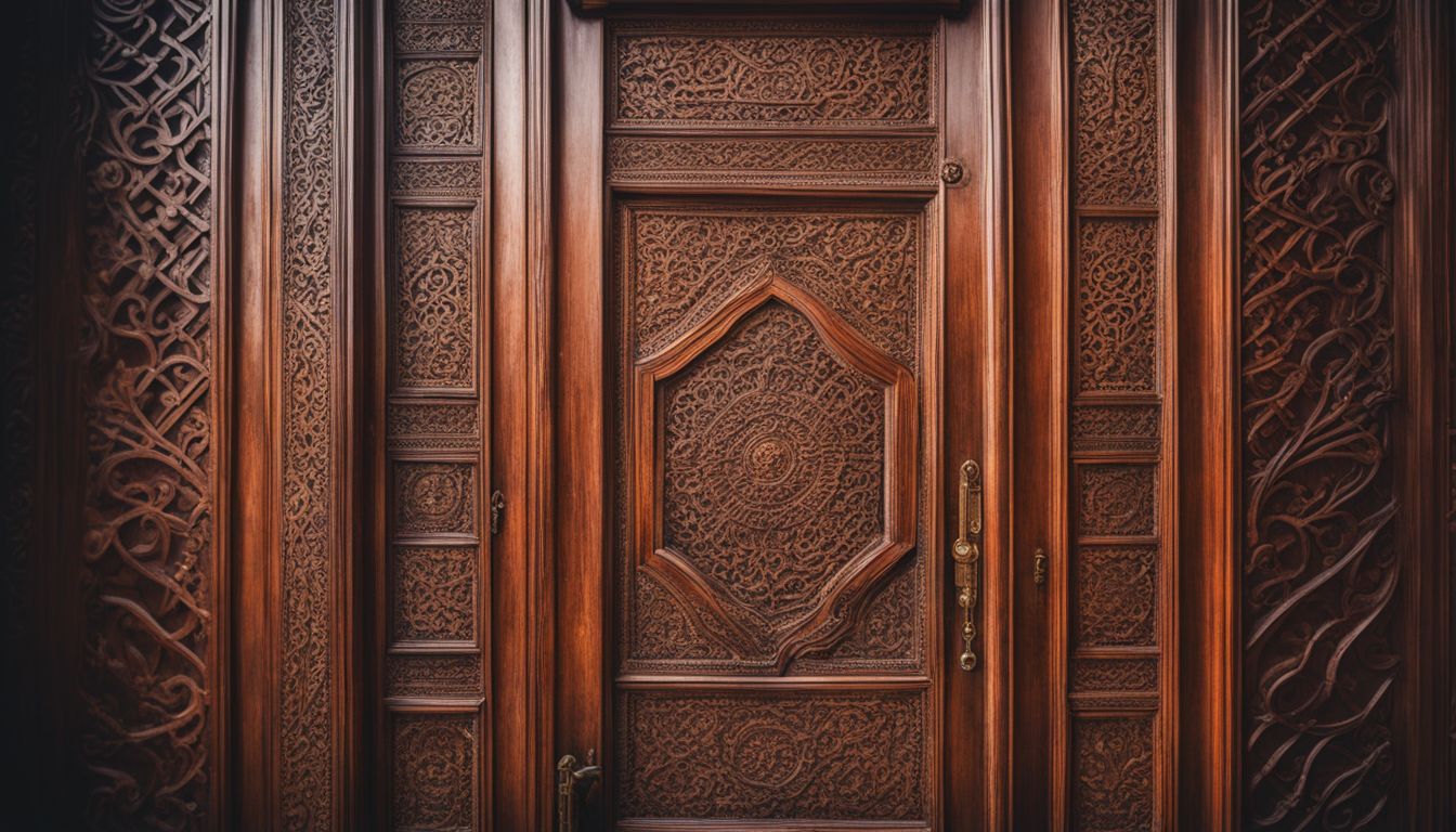 A photo of a beautifully designed traditional Bangladeshi wooden door showcasing the country's rich culture and heritage.