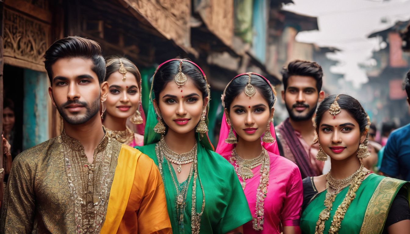 A diverse group of young people wearing modernized traditional Bangladeshi clothing pose in a colorful cityscape.
