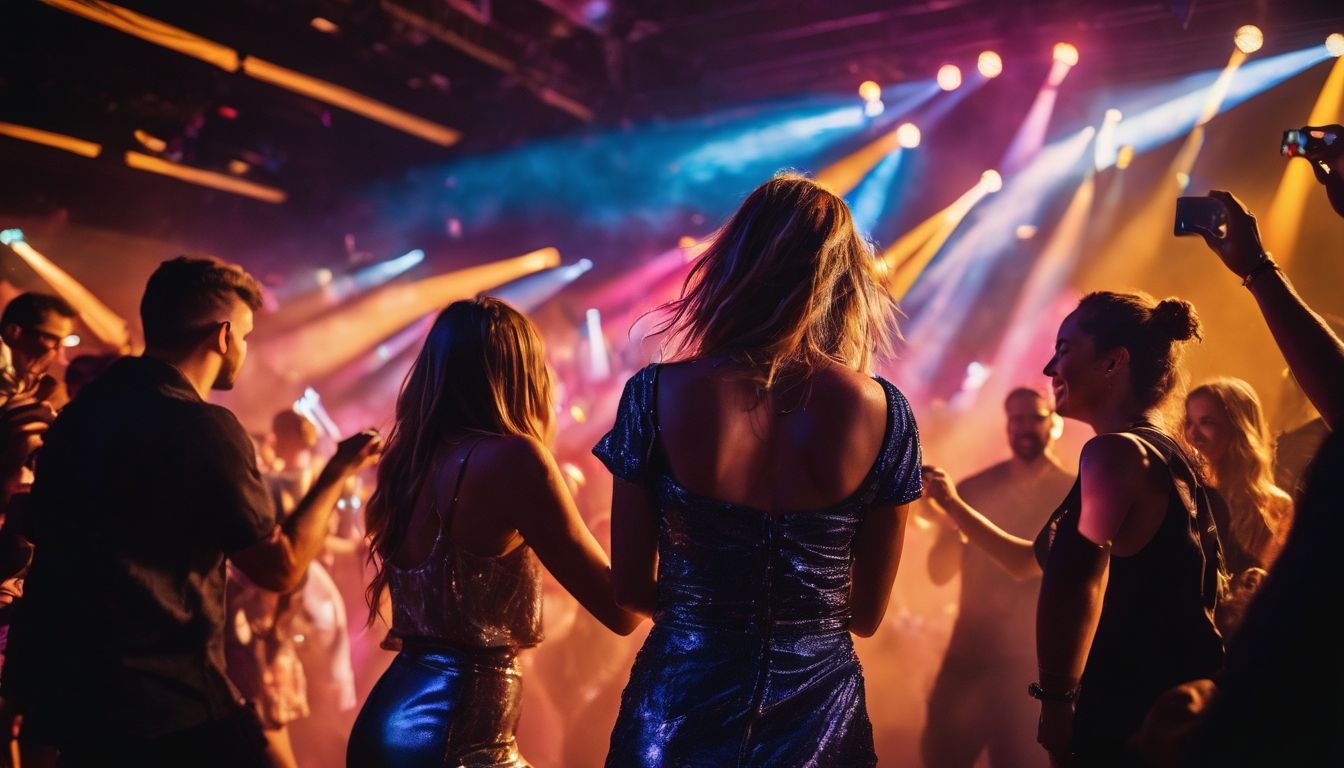 A group of friends dancing and enjoying electronic music at a vibrant nightclub.