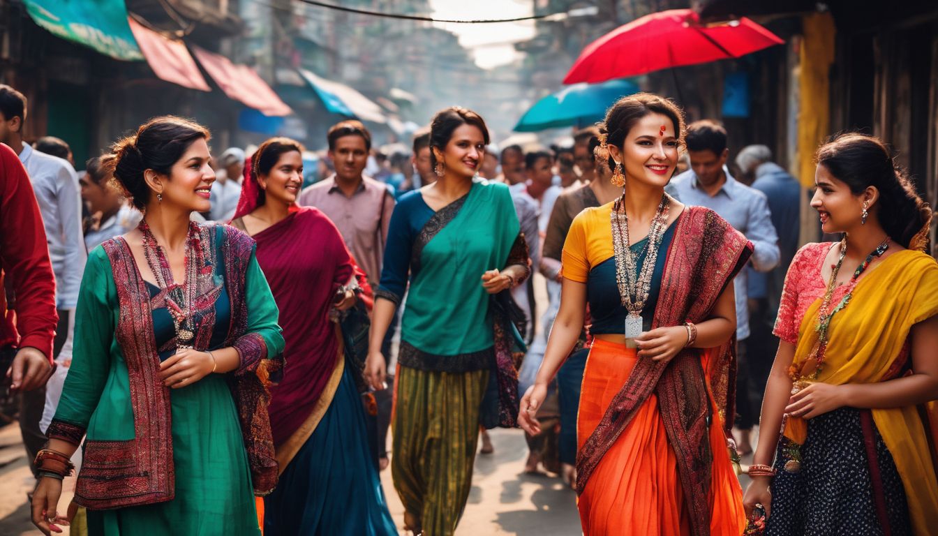 A diverse group of tourists in traditional attire exploring the colorful streets of Dhaka.