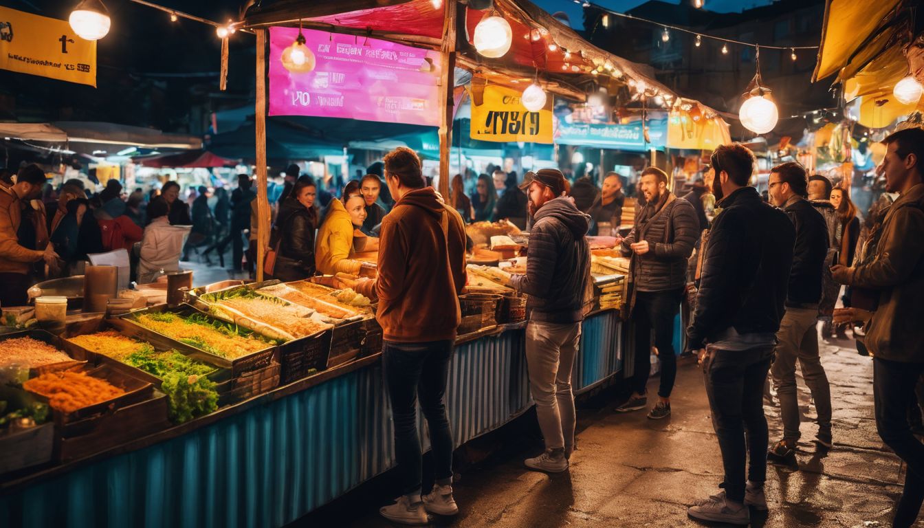 A diverse group of friends enjoy a vibrant street food market in a bustling atmosphere.