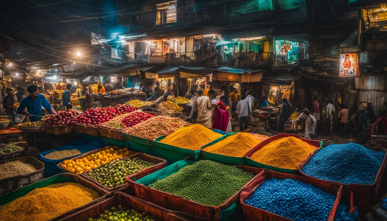 The photo showcases the vibrant city of Chittagong with colorful markets and bustling streets, capturing the diversity of people and their surroundings.