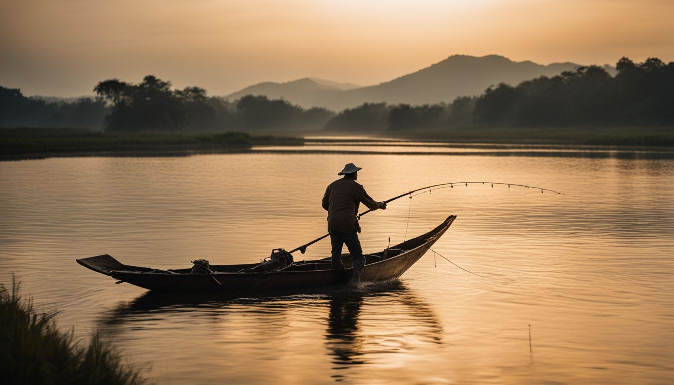 A man is fishing on a boat in the calm waters of the Naf River.