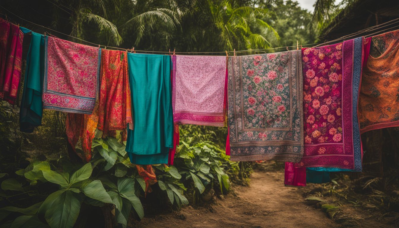 Colorful traditional garments of Bangladesh displayed on clothesline with vibrant flowers in the background.