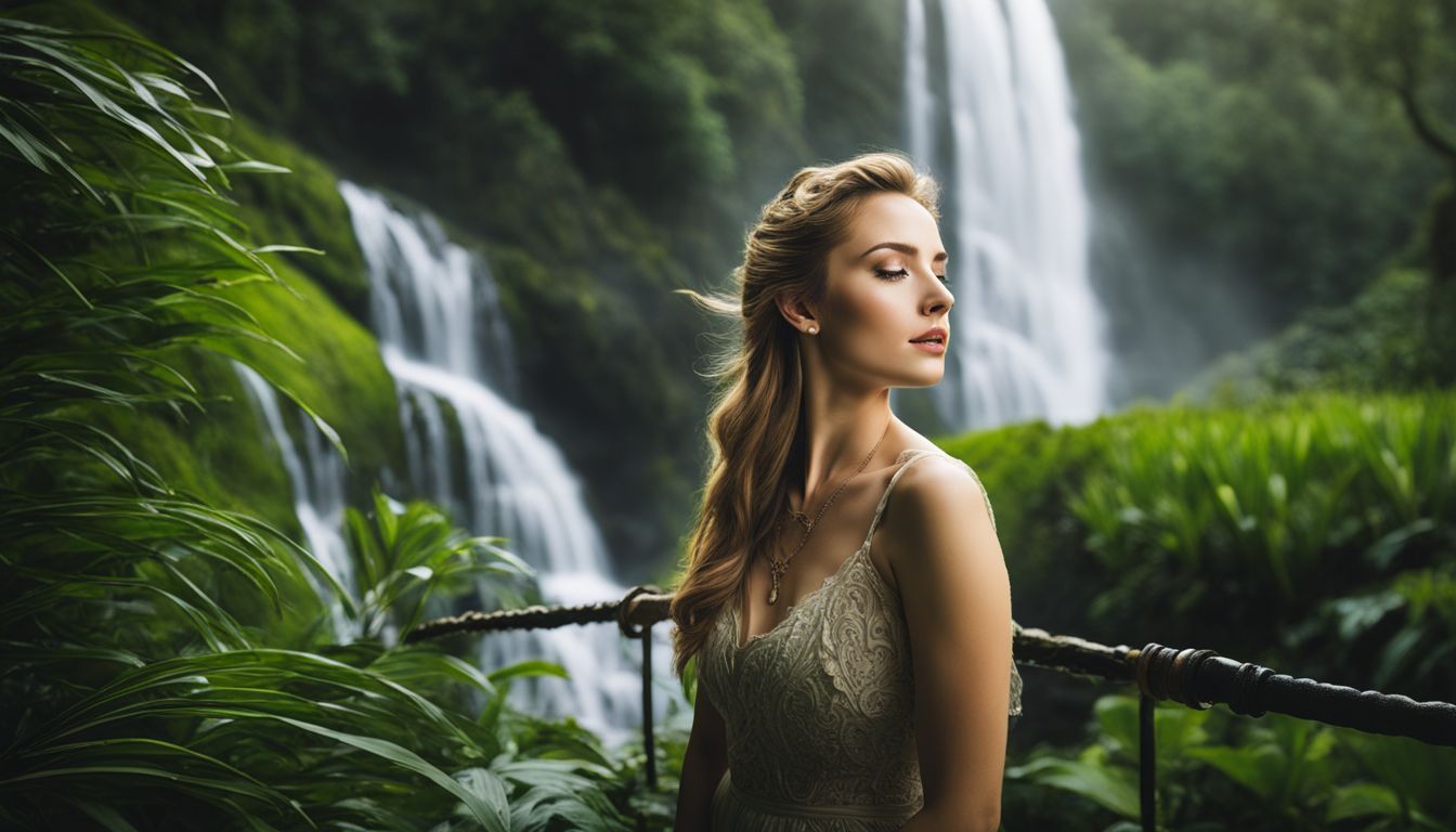 The photo captures a woman in awe of a majestic waterfall surrounded by lush tea gardens.