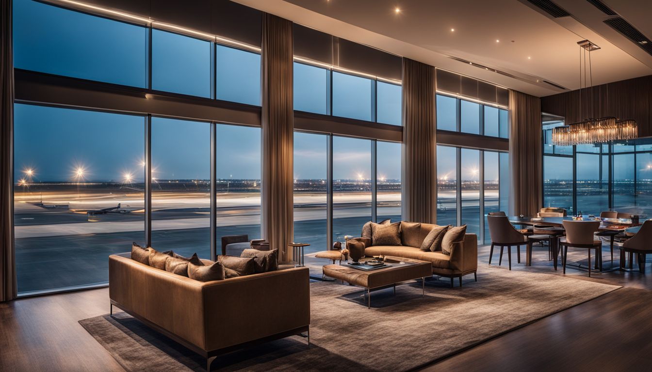 A photo of a luxurious hotel room with a view of the airport runway.