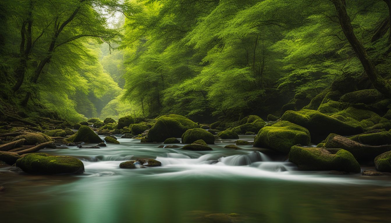 A serene river flowing through a lush forest with a variety of people and scenery captured in a photograph.