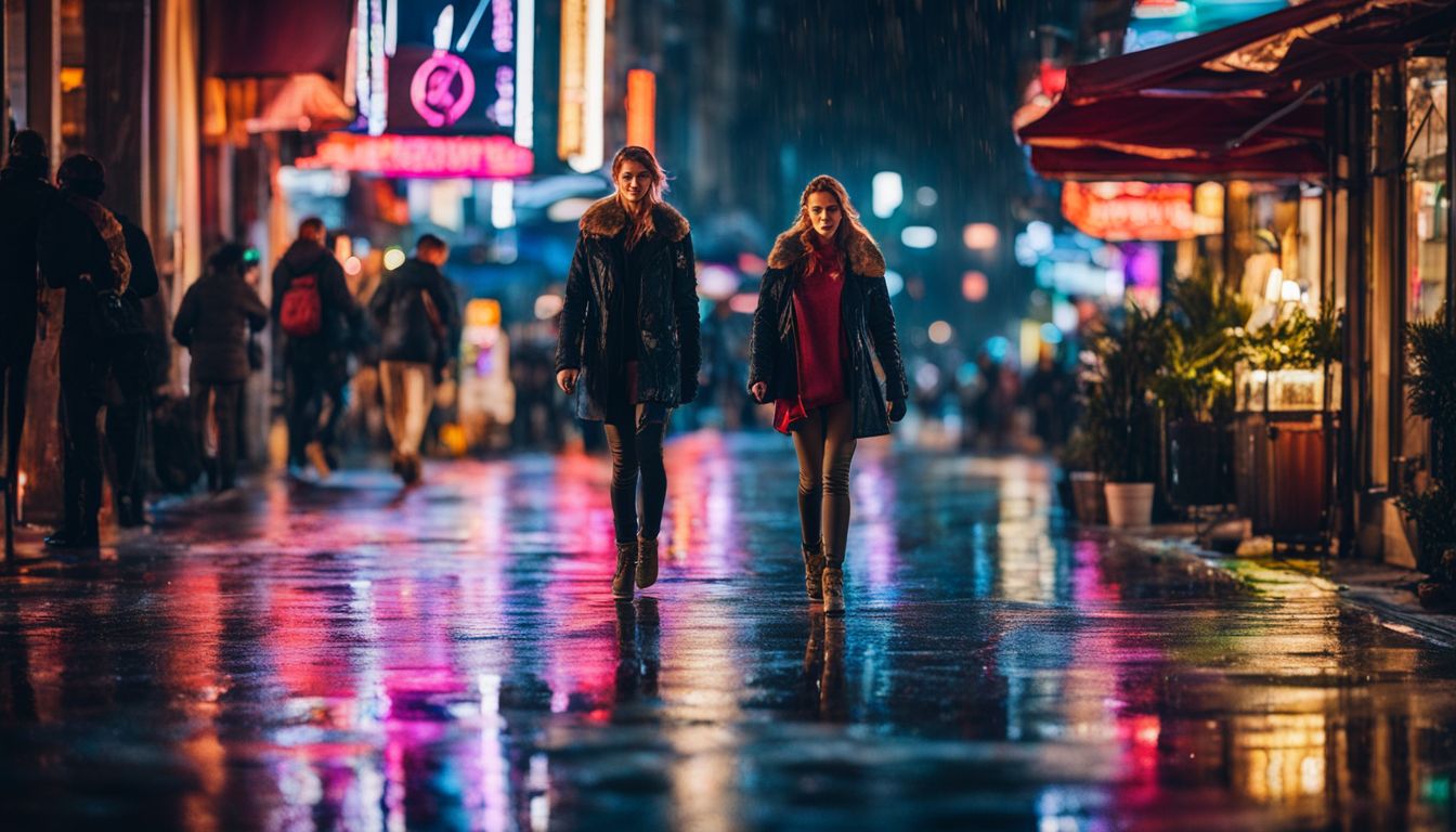 A vibrant city street filled with diverse people and colorful neon lights reflected on wet pavement.