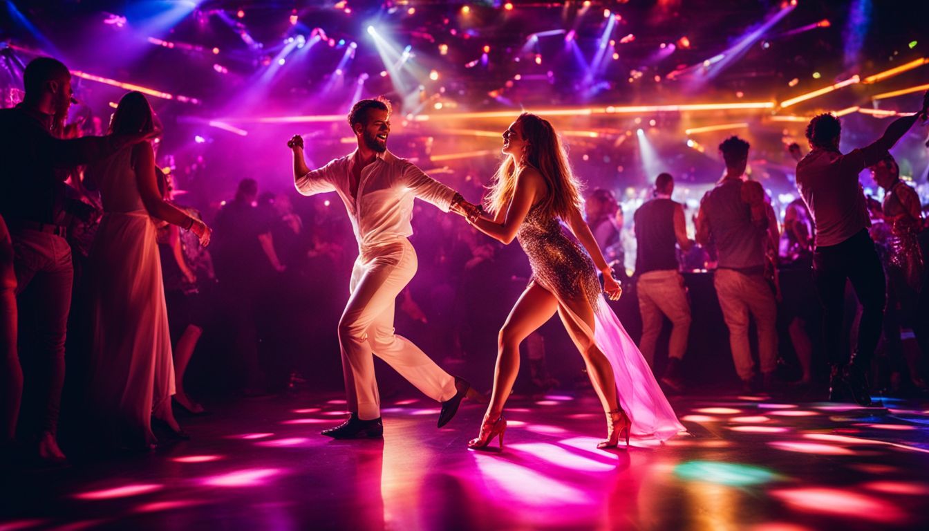 A couple dancing under vibrant lights at a lively nightclub.
