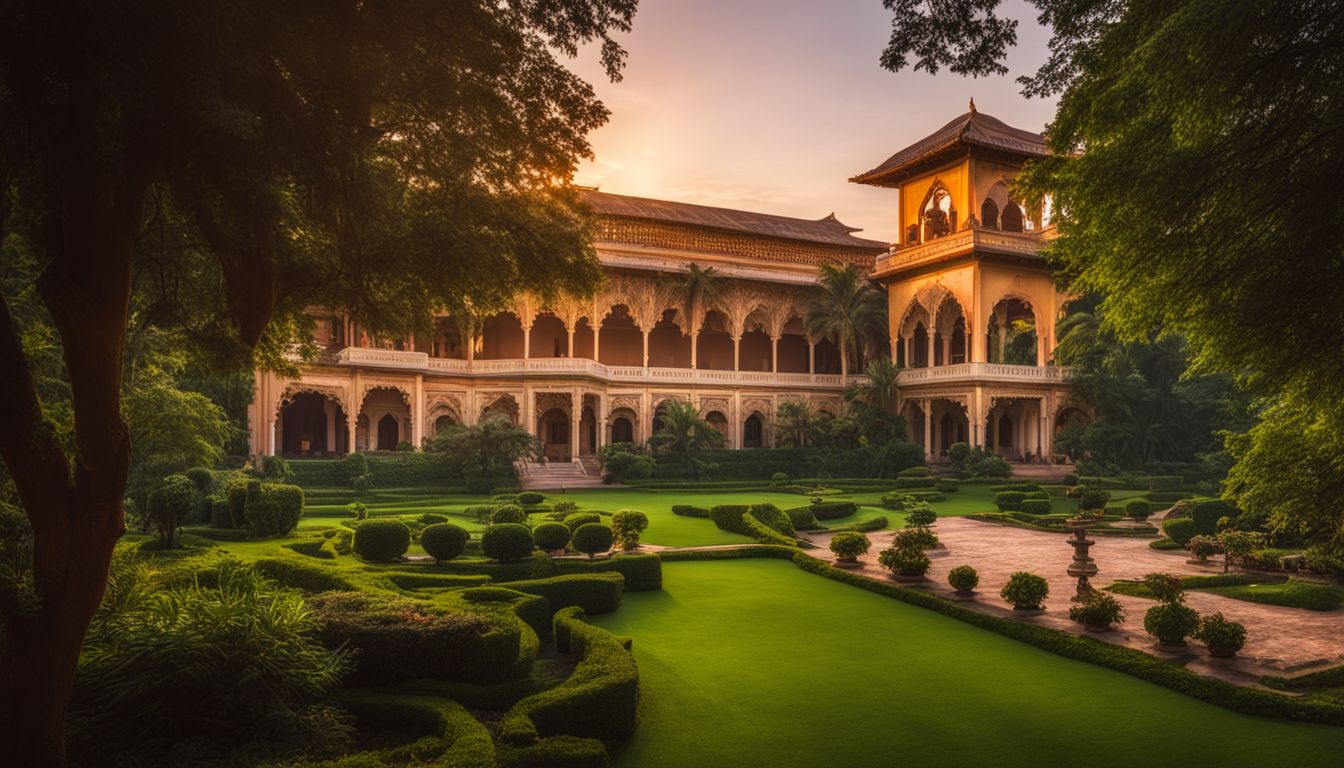 A photo of Tajhat Palace at sunset, surrounded by lush gardens, featuring a variety of people posing in different outfits.