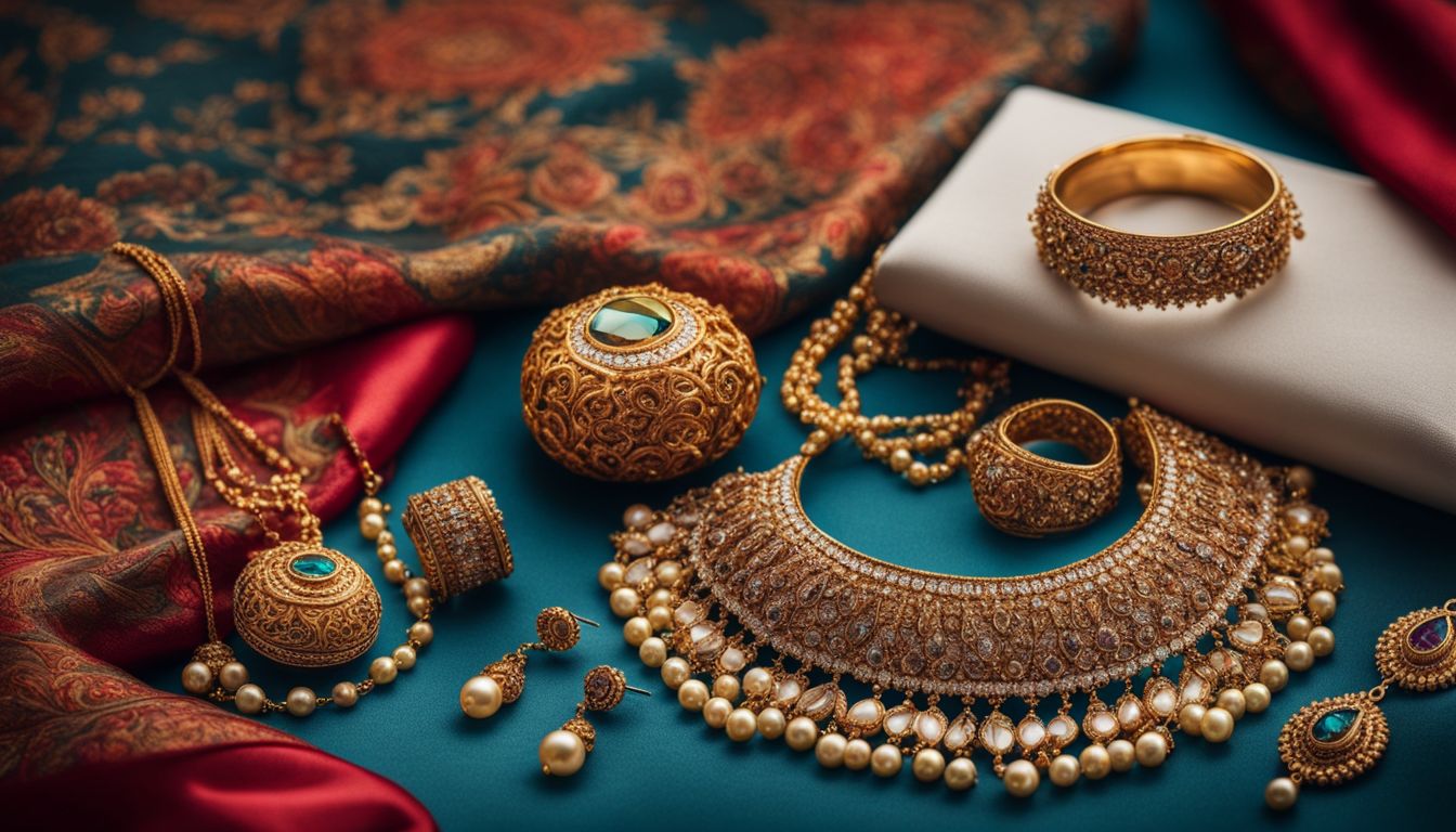 A photo of exquisite traditional jewelry displayed on a vibrant fabric background with unique faces and hairstyles.