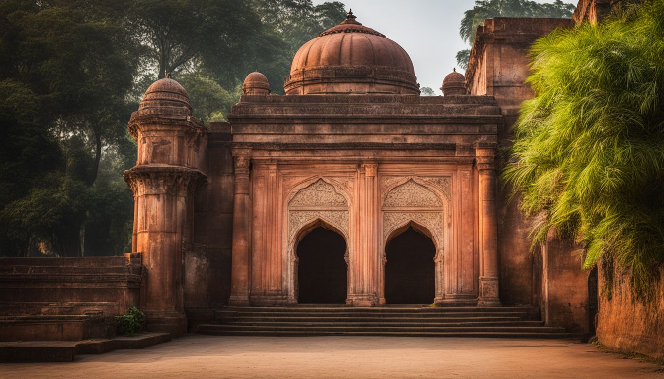 The photo depicts the entrance to Dhaka Lalbagh Fort, with a diverse group of people in various outfits.