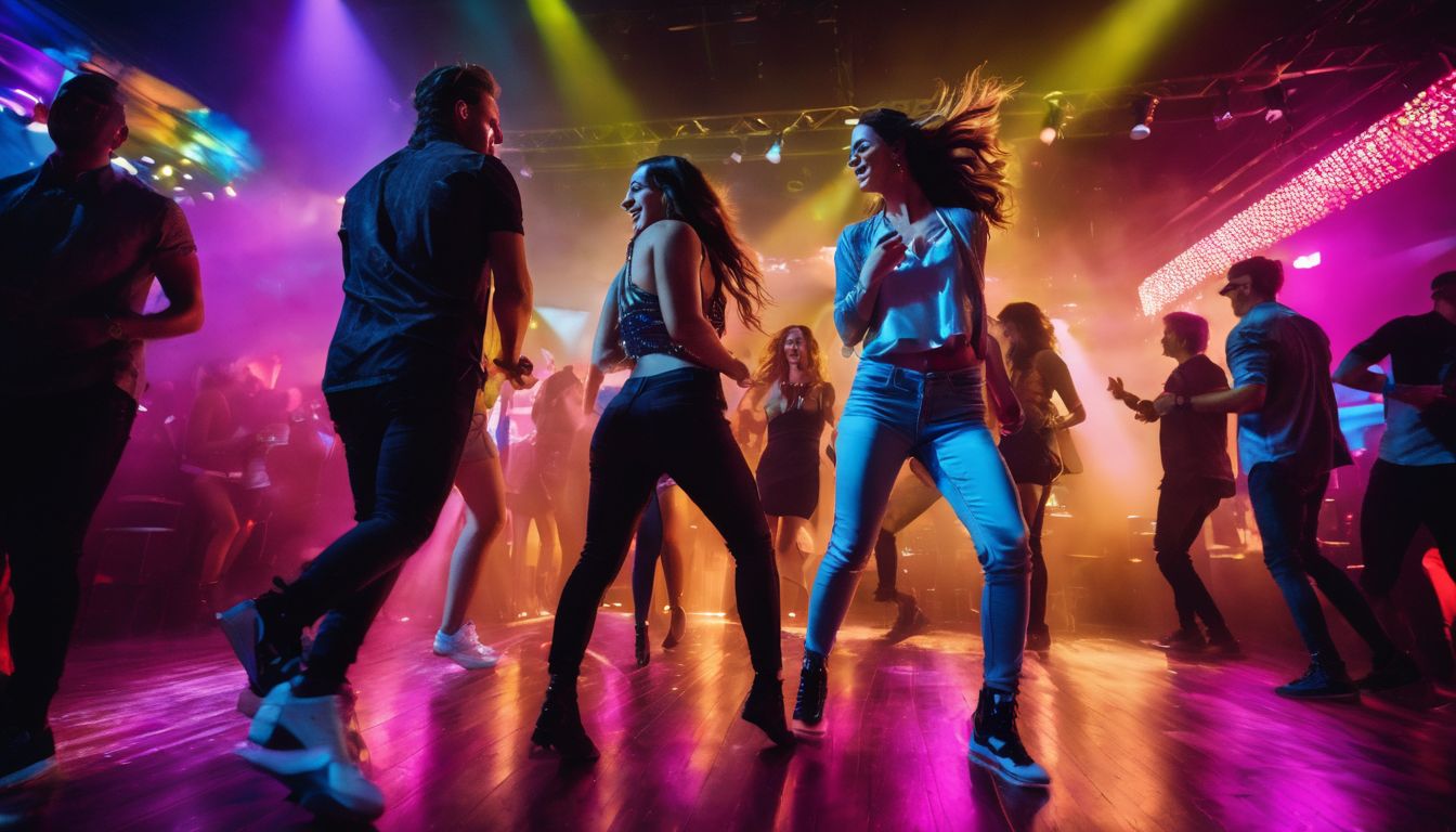 A diverse group of friends dancing together in a vibrant nightclub atmosphere.