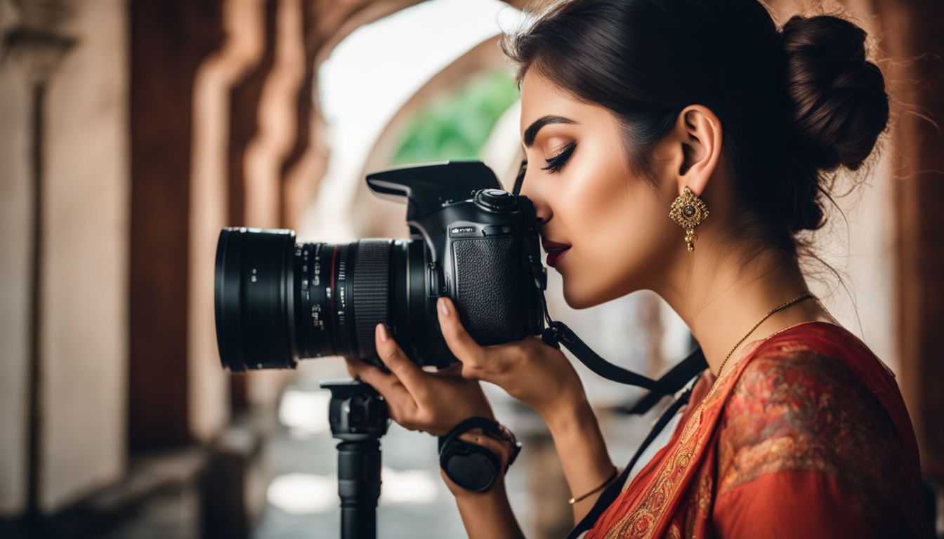 A young woman captures the architectural beauty of the Armenian Church in Dhaka with a camera.