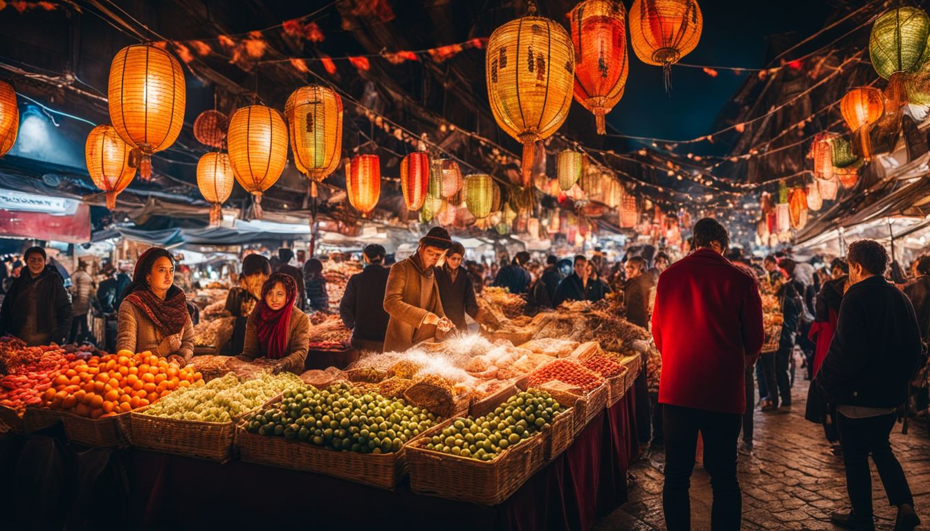 A lively marketplace filled with diverse people and vibrant stalls selling traditional goods.