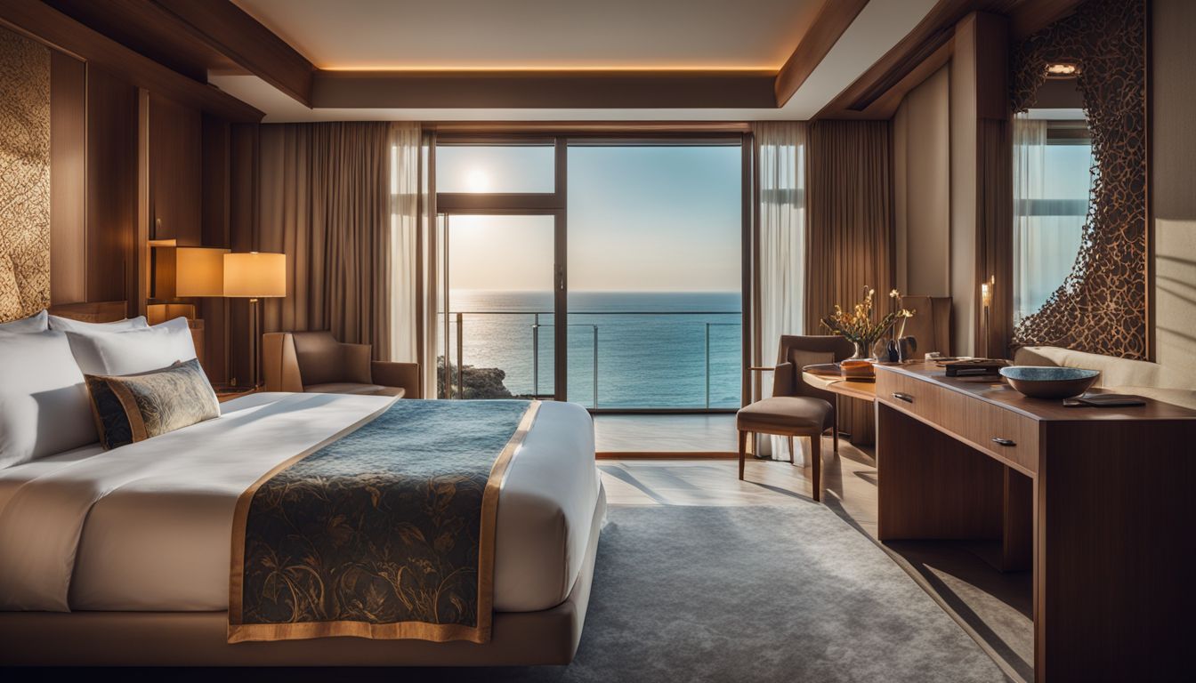 A luxurious hotel room with panoramic windows overlooking the sea and a king-size bed.