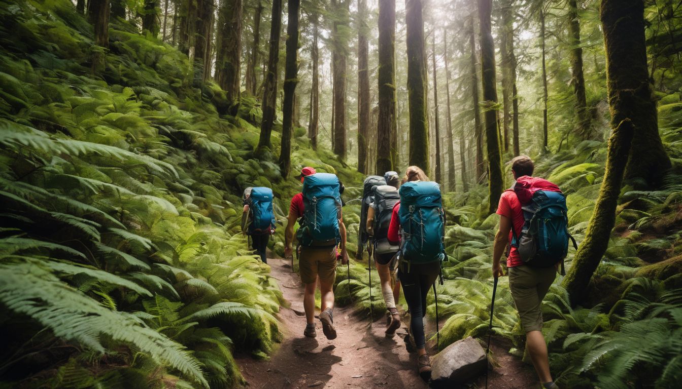 A diverse group of hikers with backpacks trek through a lush forest, capturing the beauty of nature with their cameras.