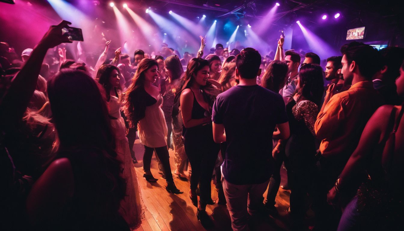 A group of friends enjoy live music and dancing in a crowded nightclub in Dhaka.
