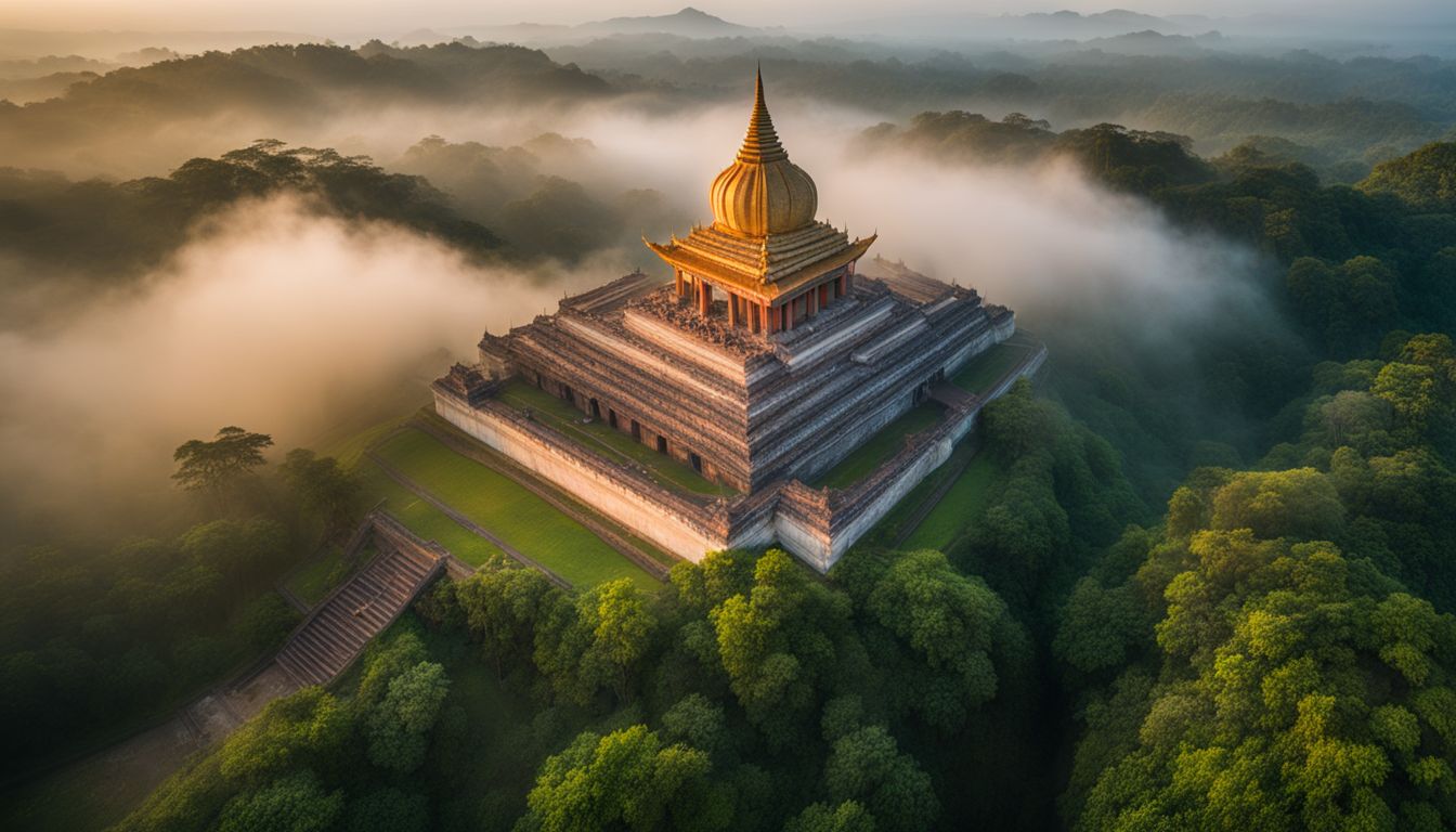 The grand entrance of Somapura Mahavihara at dawn, surrounded by mist and lush greenery, captured in a stunning aerial photograph.