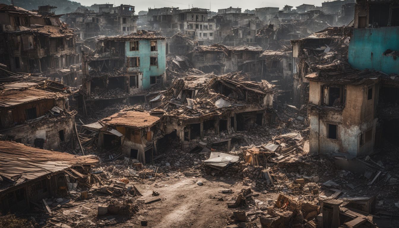 A photo of destroyed houses in a war-torn city, capturing the bustling atmosphere amidst devastation.