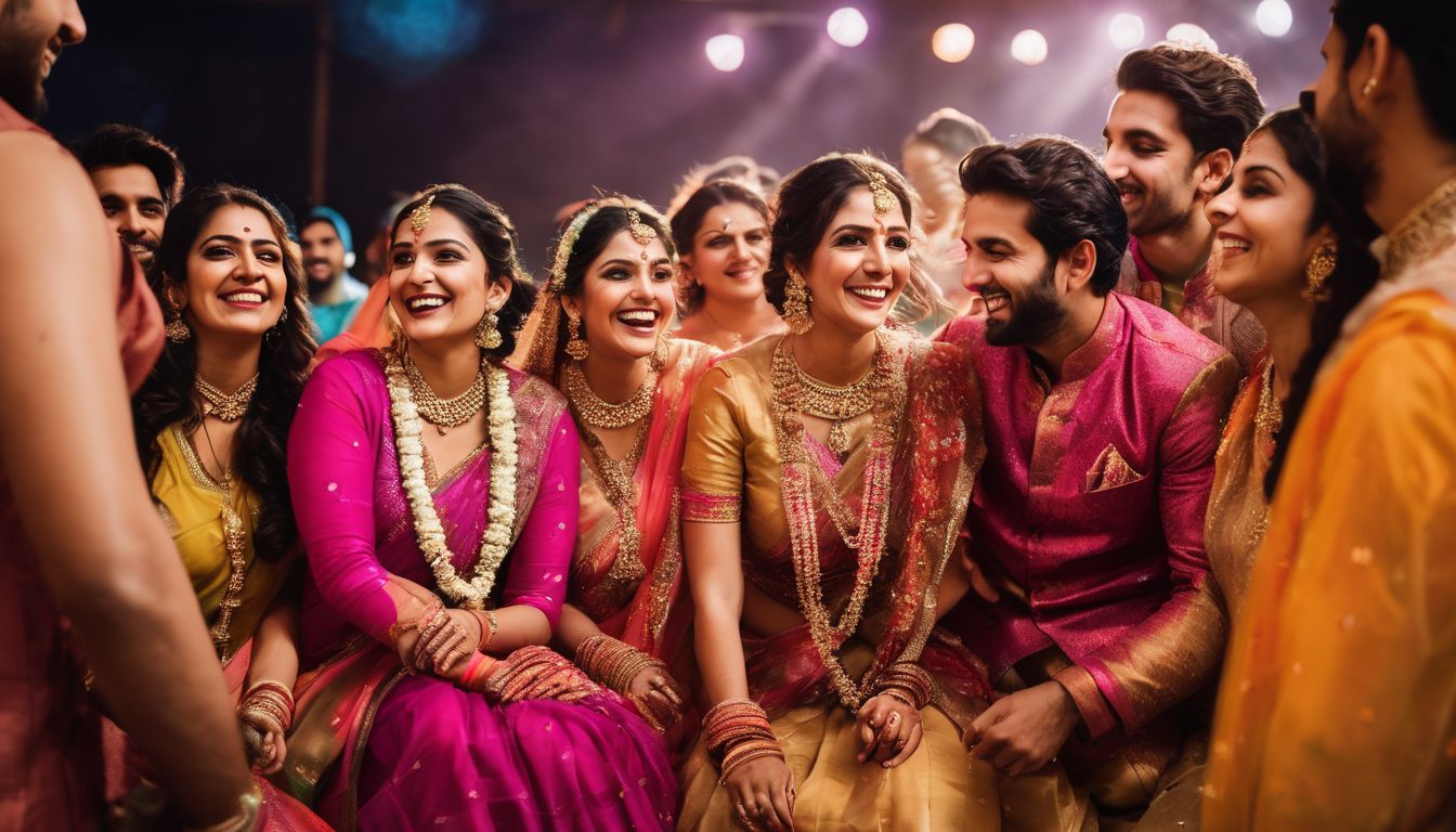 A group of friends joyfully celebrate at a colorful Bengali wedding, captured in a detailed and vibrant portrait photograph.