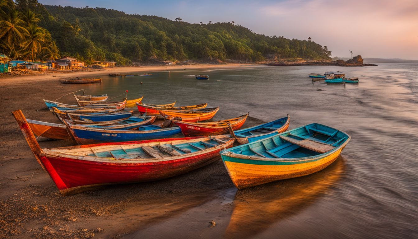 Colorful fishing boats line the shores of Patenga Beach, creating a bustling and vibrant atmosphere.
