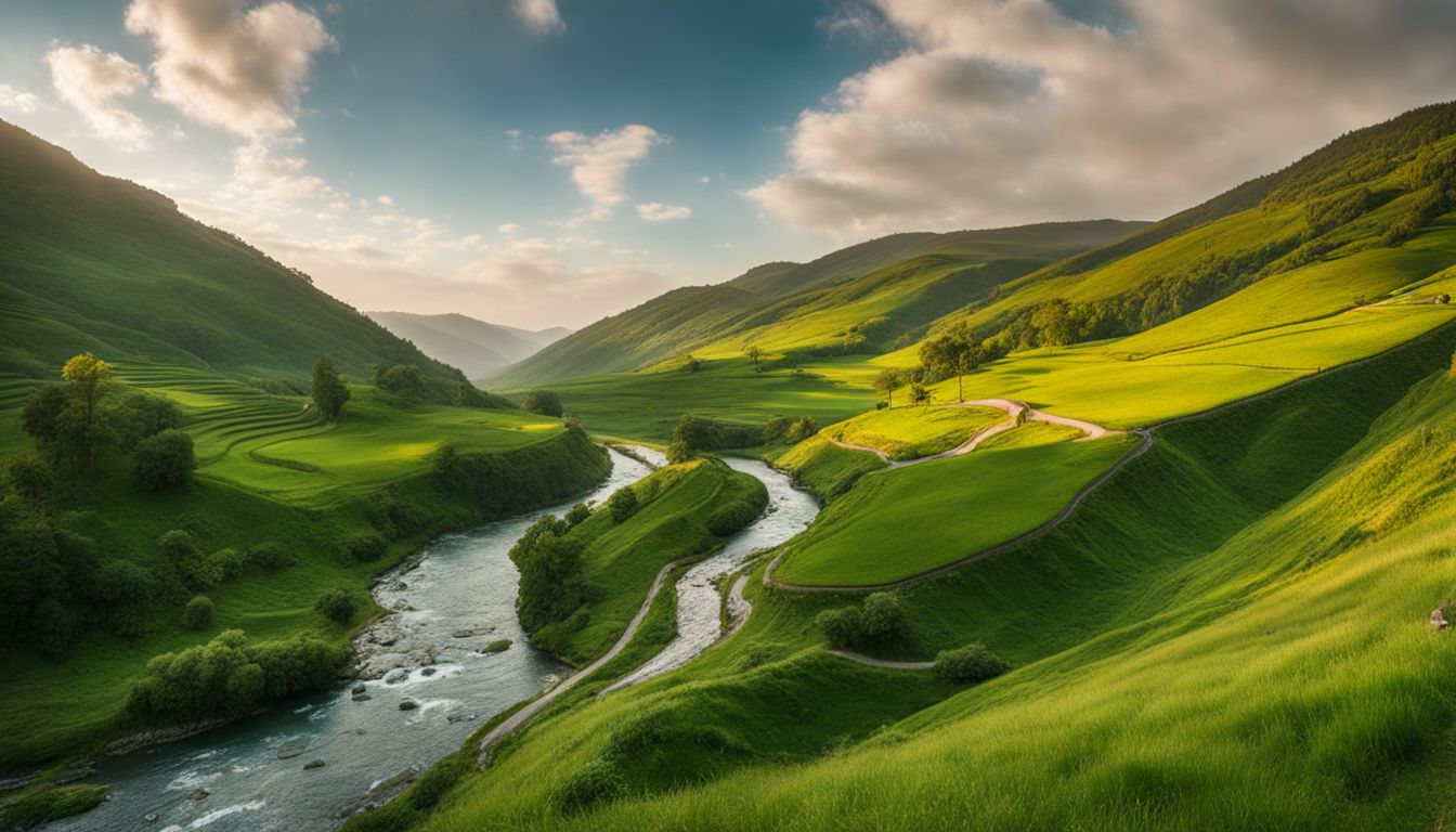 A photograph featuring a picturesque river surrounded by lush green hills and a winding pathway.