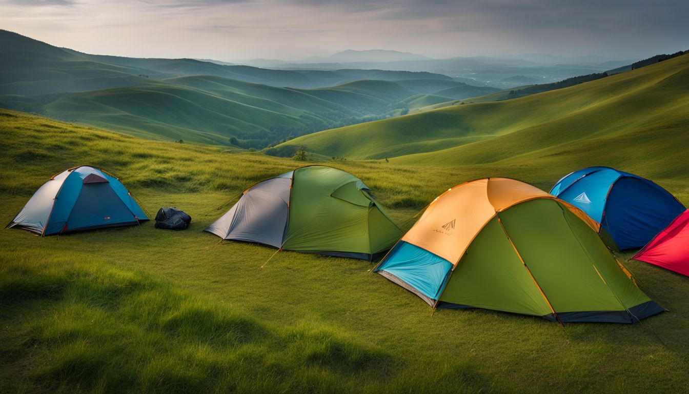 A vibrant and bustling campsite set against a backdrop of rolling green hills.