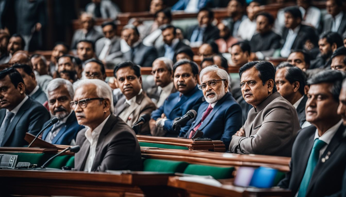 A photo capturing a lively debate between Bangladeshi politicians in the parliament, showcasing their diverse appearances and expressions.