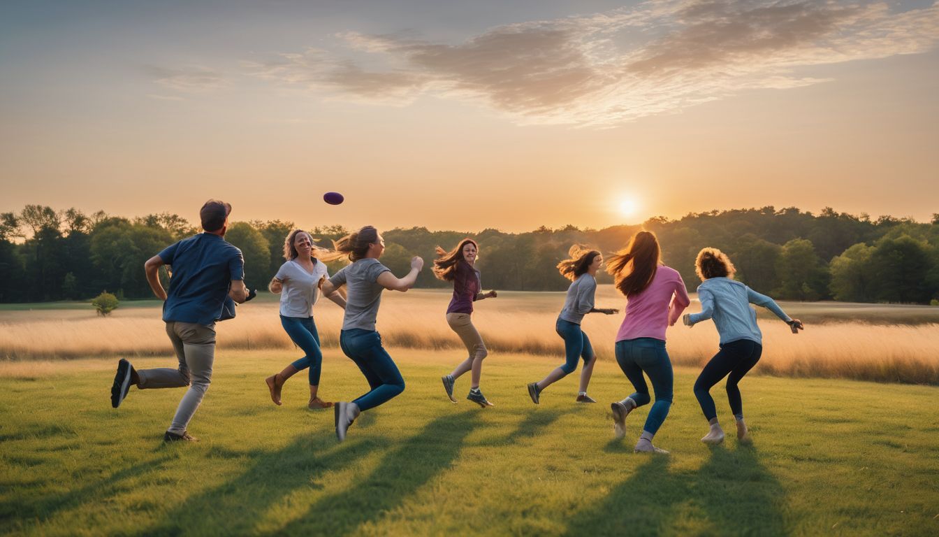 A group of friends playing frisbee on a grassy field captures the joy of outdoor activities at the park.