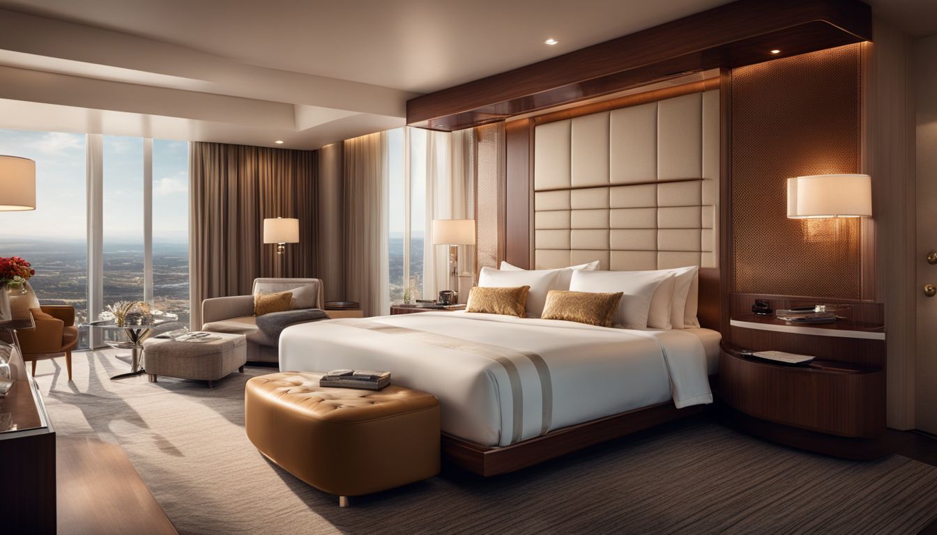 The image shows a luxurious hotel room with a comfortable bed, stylish decor, and a view of the airport.
