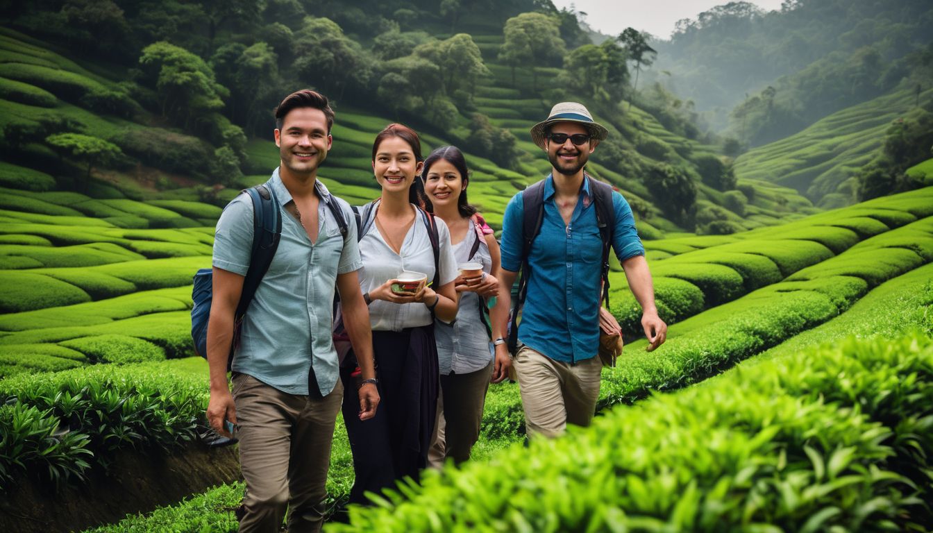 A diverse group of tourists explore the vibrant tea gardens in Sylhet, captured in stunning detail.