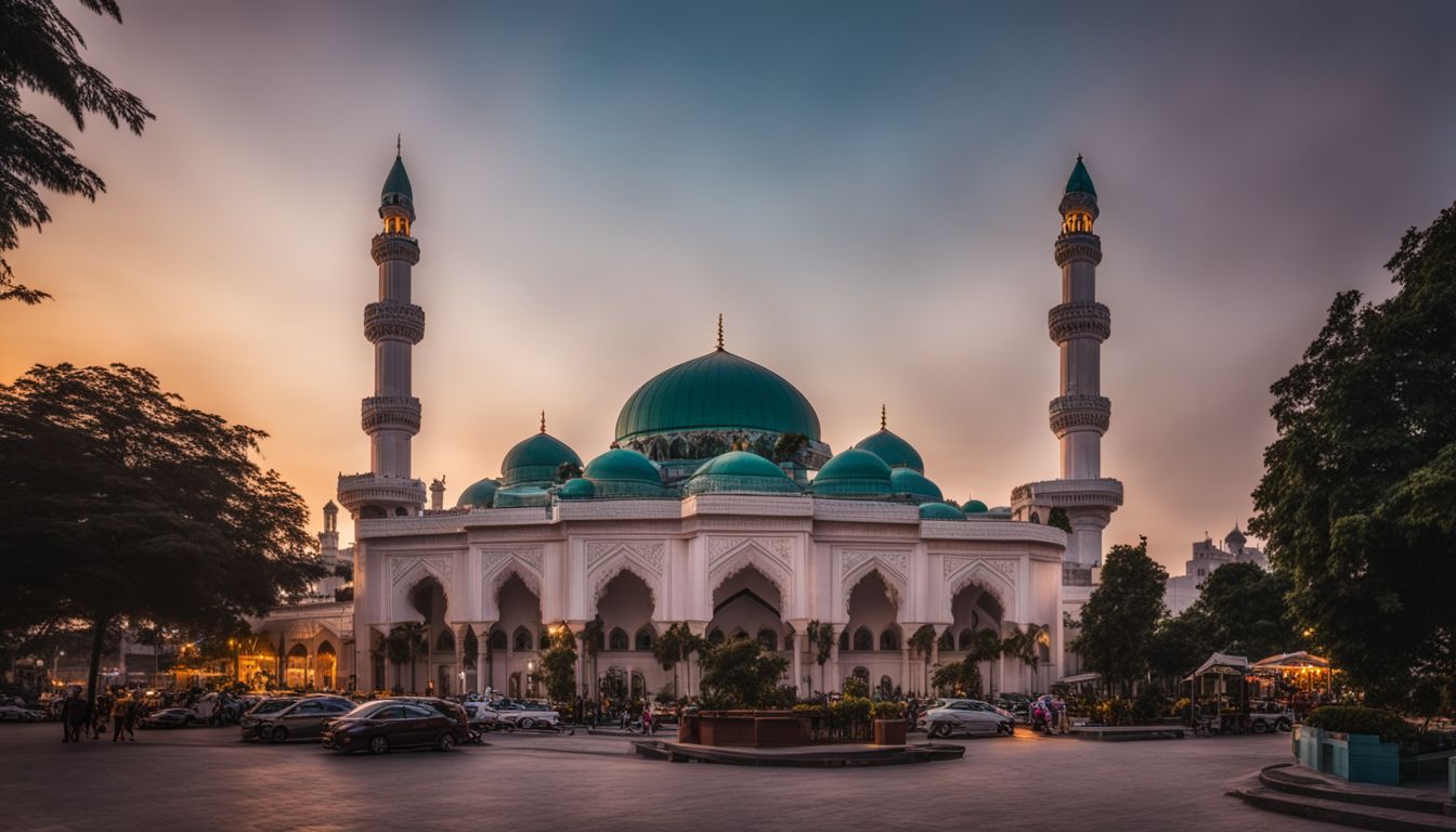 The Baitul Mukarram Mosque is surrounded by a diverse crowd in a bustling cityscape at dusk.