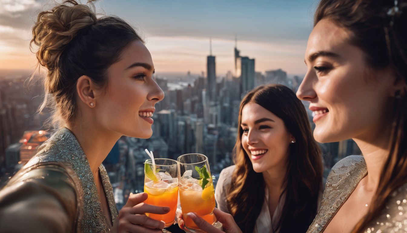 A diverse group of friends enjoy drinks at Prego with a vibrant cityscape in the background.