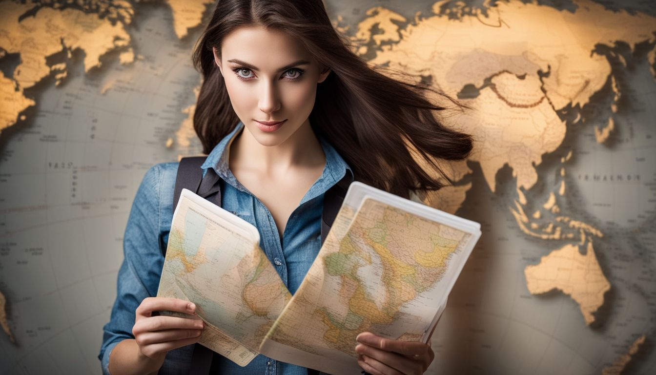 A traveler with passport and visa application paperwork in front of a world map.