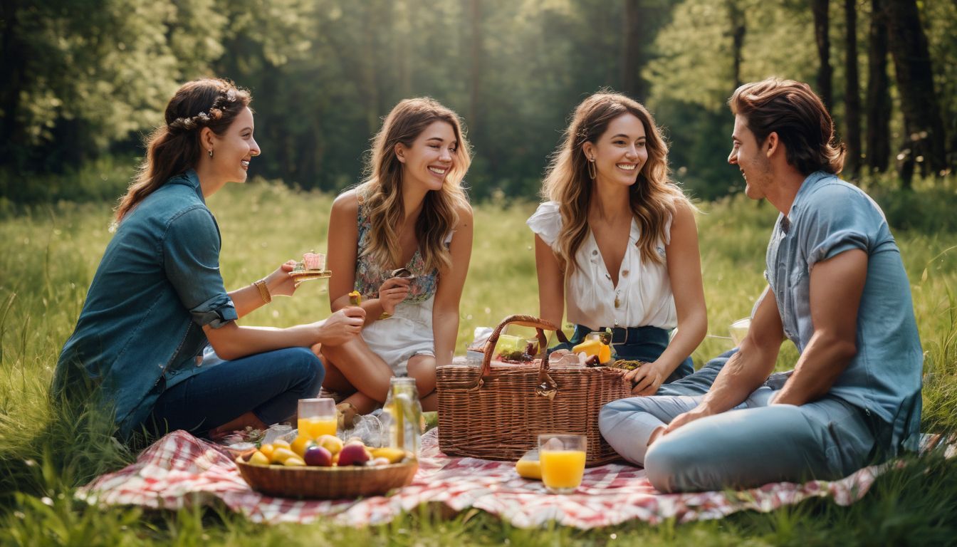 A diverse group of friends enjoying a picnic surrounded by nature on a sunny day.