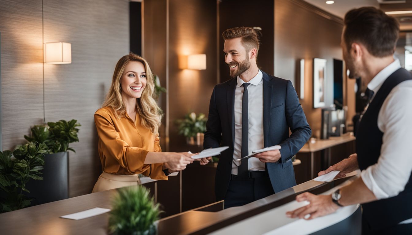 A couple happily checking in at a budget hotel reception with detailed facial features and different appearances.