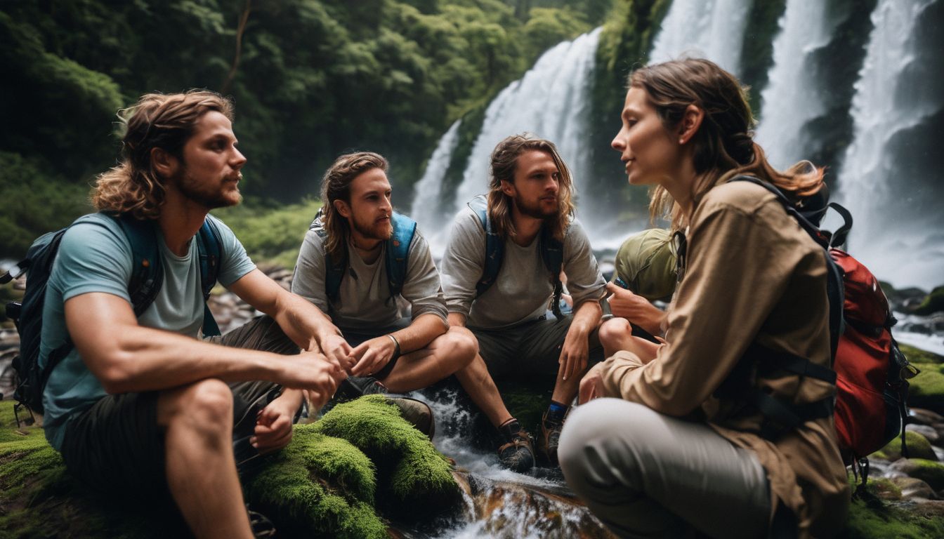 A diverse group of backpackers enjoying the beauty of a waterfall in a lush green setting.