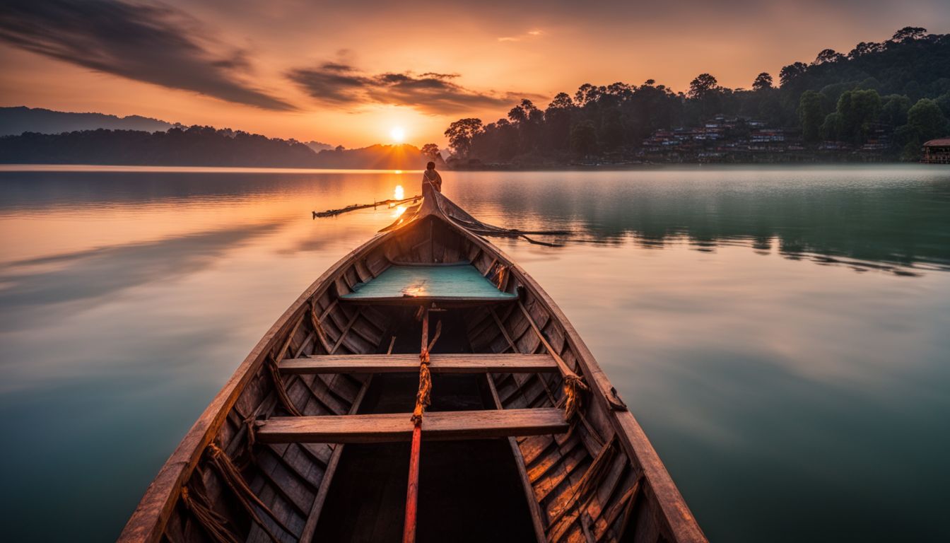 A serene sunset scene of a traditional boat sailing on Kaptai Lake.