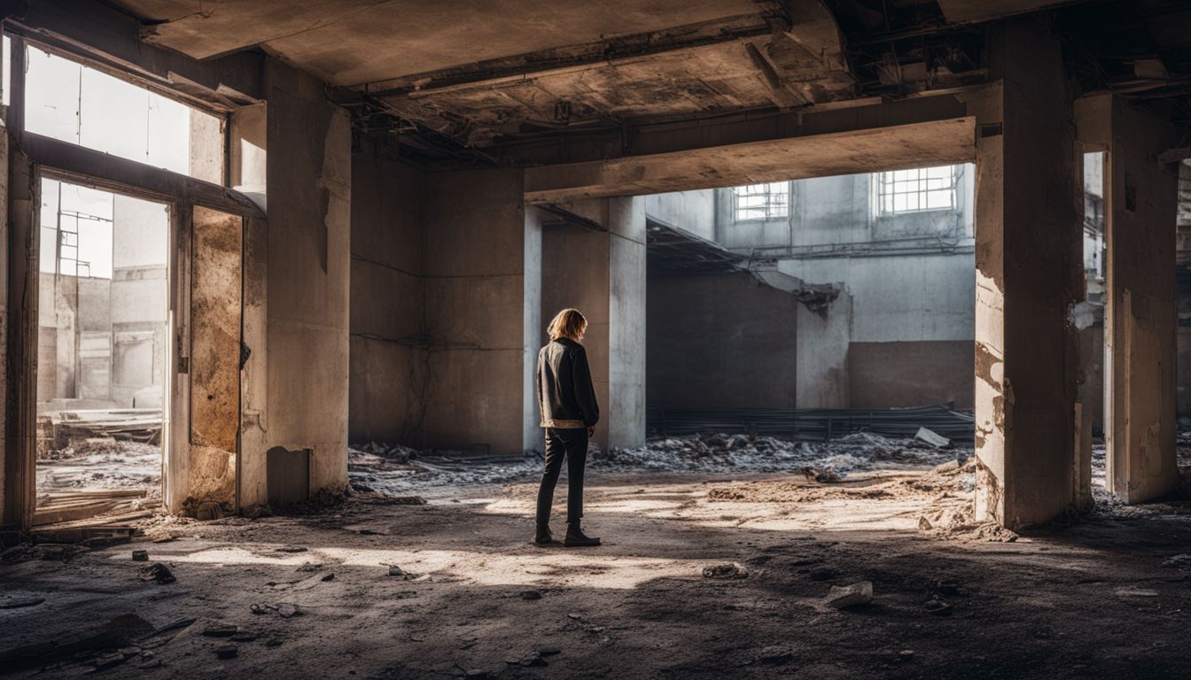 A person stands alone in an abandoned construction site surrounded by unfinished walls and debris.