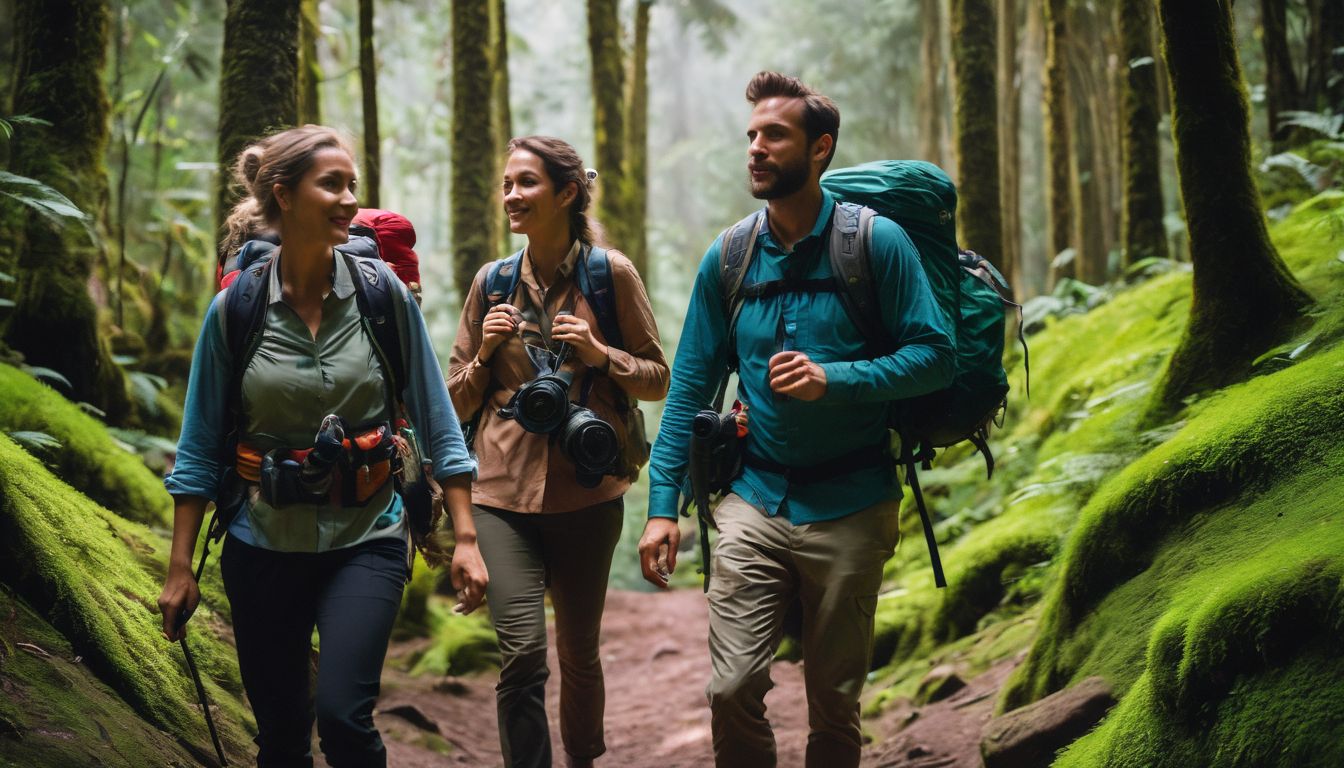 A diverse group of travelers hiking through lush forests, enjoying the natural beauty of Teknaf.
