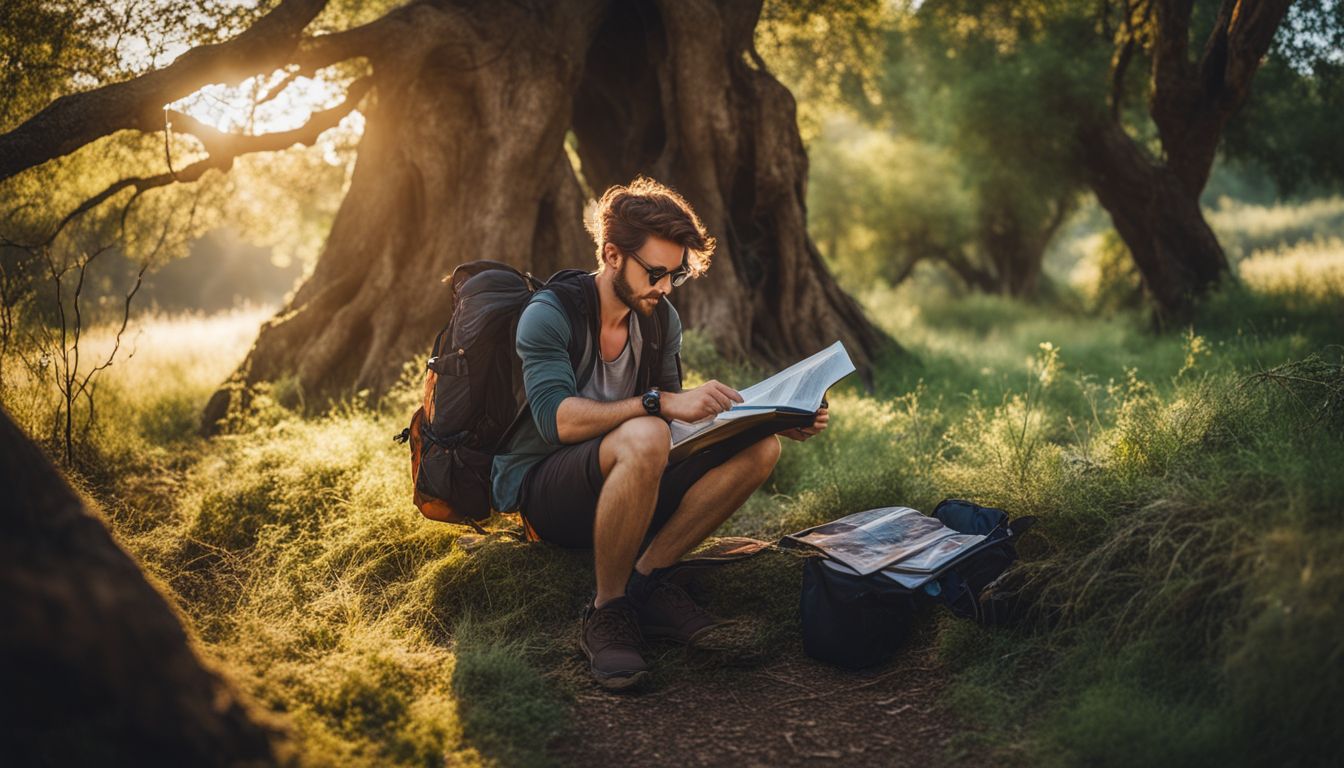 A backpacker enjoys reading a travel guide surrounded by breathtaking landscapes.