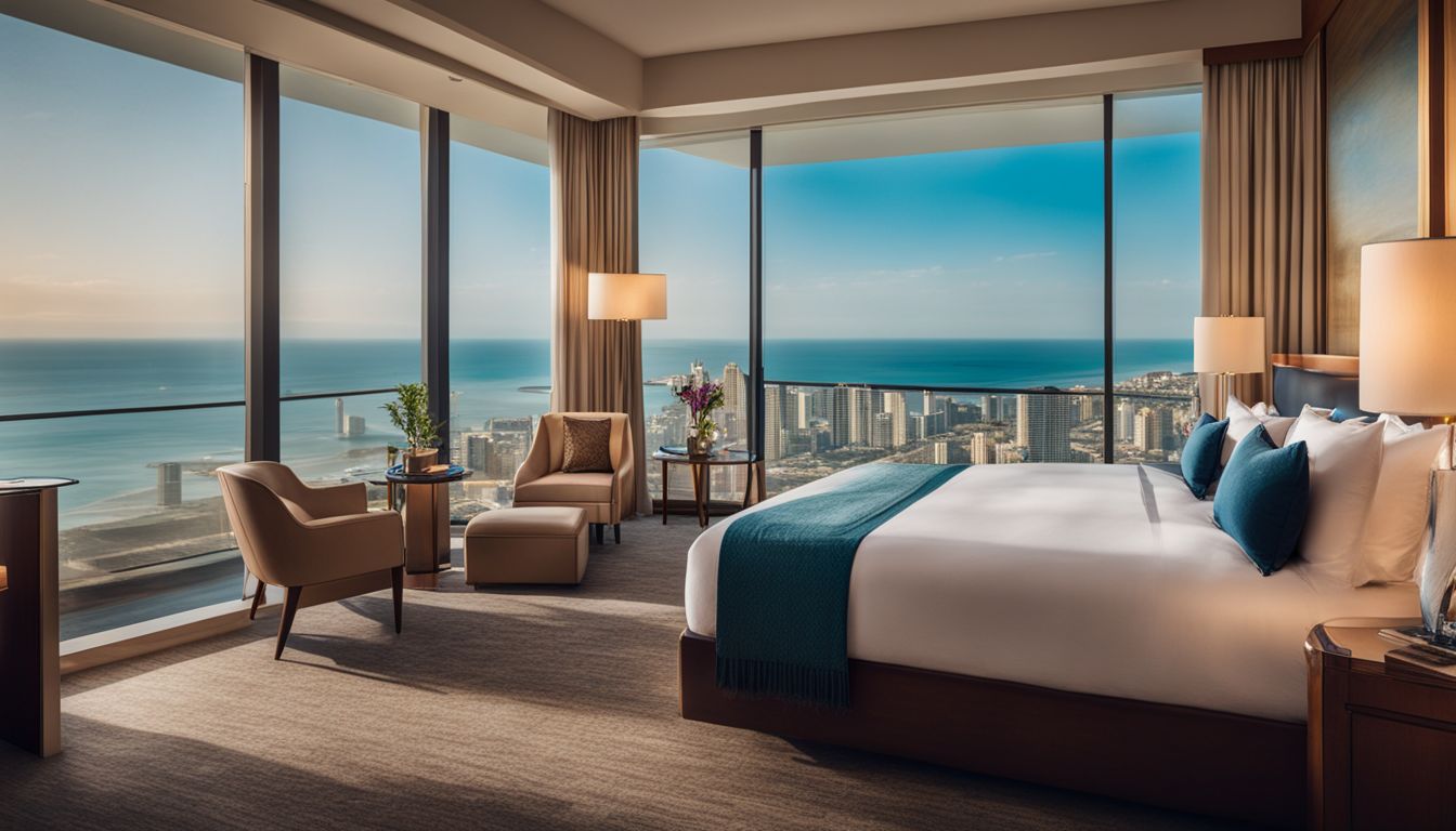 A luxurious hotel room with a panoramic view of the beach and cityscape, capturing a bustling atmosphere and featuring a diverse group of people.