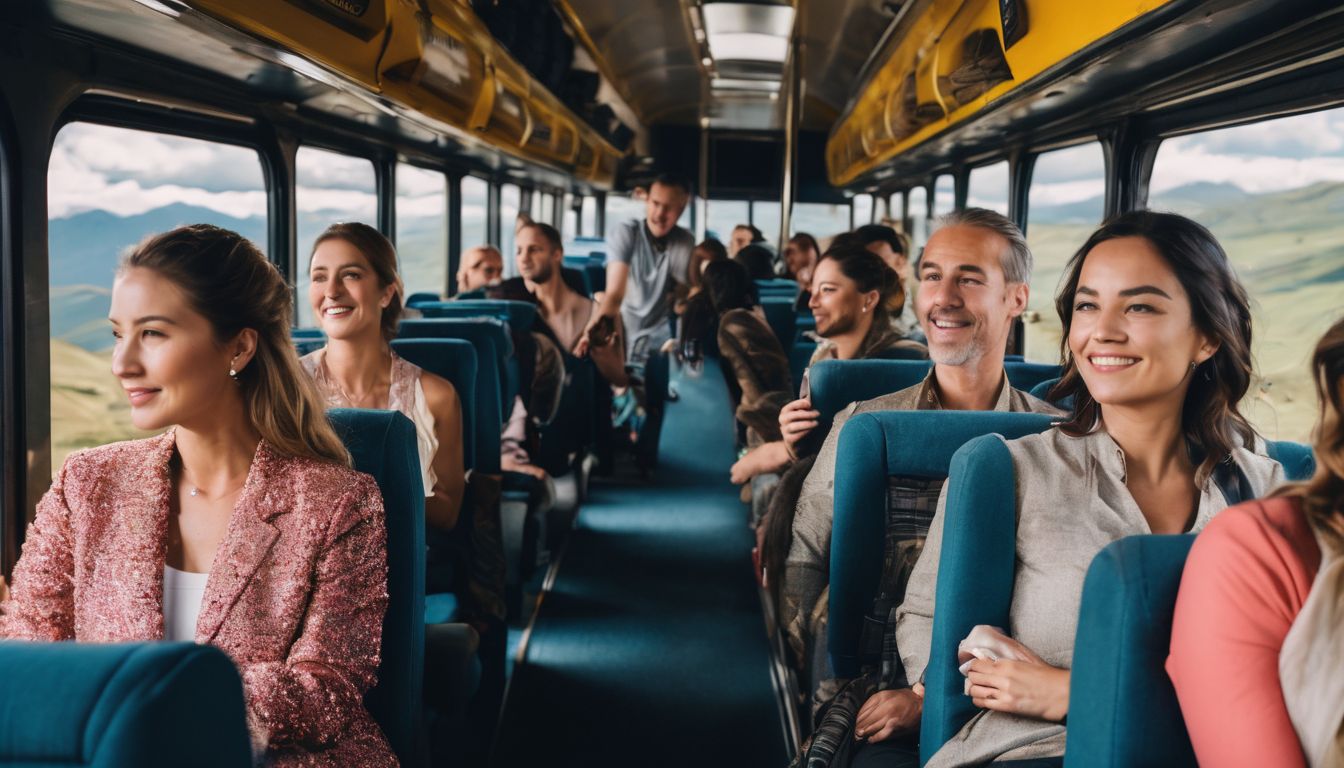 A diverse group of travelers enjoy scenic views on a bus.