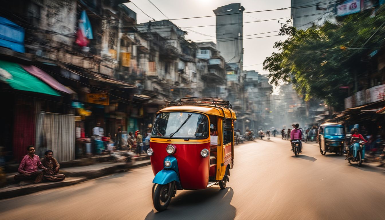 A colorful tuk-tuk drives through the bustling streets of Dhaka, capturing the diverse faces, styles, and atmosphere.