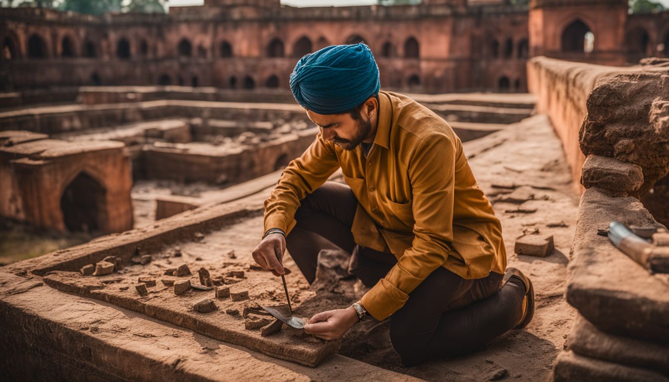 An archaeologist examines ancient artifacts in the ruins of Lalbagh Fort during an excavation.