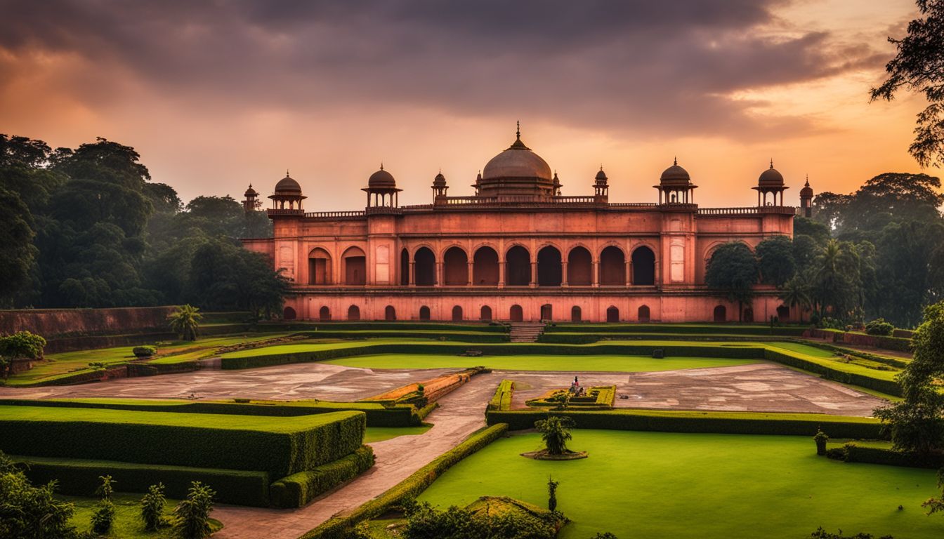 A picturesque photo of Lalbagh Fort with lush gardens, grand architecture, and a bustling atmosphere captured in stunning detail.
