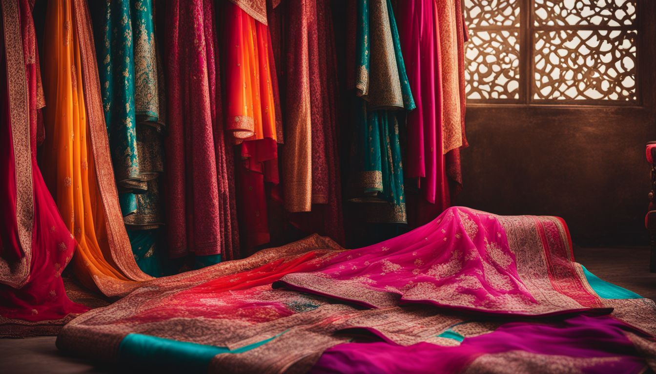 A vibrant display of colorful Salwar Kameez fabrics against a traditional backdrop, featuring diverse individuals, hairstyles, and outfits.
