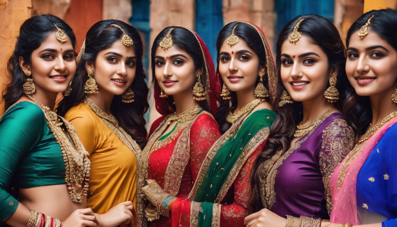A group of young women wearing vibrant salwar kameez pose together in front of a colorful backdrop in a bustling atmosphere.