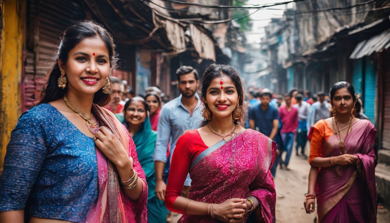 A diverse group of tourists explore the vibrant streets of Bangladesh, capturing the bustling atmosphere and cityscape with high-quality photography equipment.
